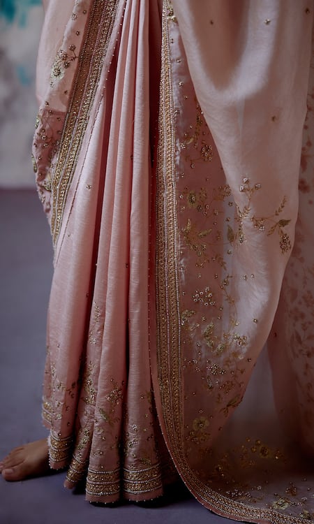 Shop Deep Thee Peach Silk, Organza Beads, Zari V-neck Floral Jaal Embroidered Saree With Blouse Online at Aza Fashions Shop_Deep Thee_Peach Silk, Organza Beads, Zari V-neck Floral Jaal Embroidered Saree With Blouse _Online_at_Aza_Fashions