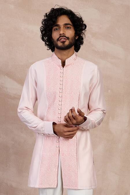 Arjan Dugal_Pink Chanderi Silk, Viscose Embroidery Floral Kurta With Pant _Online_at_Aza_Fashions