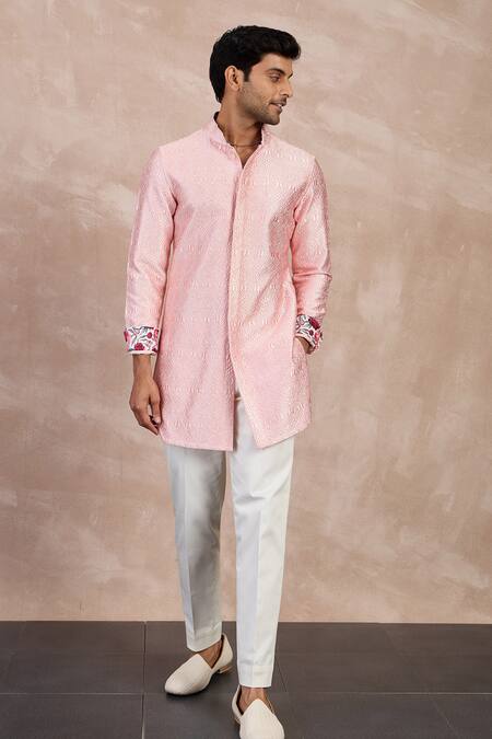 Arjan Dugal_Pink Chanderi Silk Embroidered Resham Floral Printed Sleeve Cuff Kurta With Pant _Online_at_Aza_Fashions