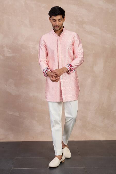 Buy_Arjan Dugal_Pink Chanderi Silk Embroidered Resham Floral Printed Sleeve Cuff Kurta With Pant _Online_at_Aza_Fashions