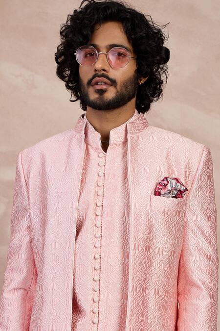 Arjan Dugal Pink Chanderi Silk, Viscose Embroidery Floral Resham Bandhgala Kurta Set Online at Aza Fashions Arjan Dugal_Pink Chanderi Silk, Viscose Embroidery Floral Resham Bandhgala Kurta Set _Online_at_Aza_Fashions