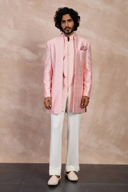 Buy Arjan Dugal Pink Chanderi Silk, Viscose Embroidery Floral Resham Bandhgala Kurta Set Online at Aza Fashions Buy_Arjan Dugal_Pink Chanderi Silk, Viscose Embroidery Floral Resham Bandhgala Kurta Set _Online_at_Aza_Fashions