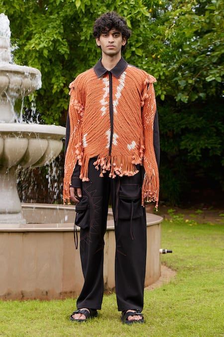 Shop_Triune_Orange Cotton Braided Macrame Amargo Palm Tree Jacket _at_Aza_Fashions