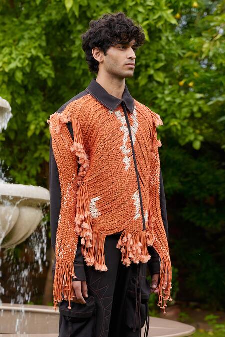 Triune_Orange Cotton Braided Macrame Amargo Palm Tree Jacket _Online_at_Aza_Fashions