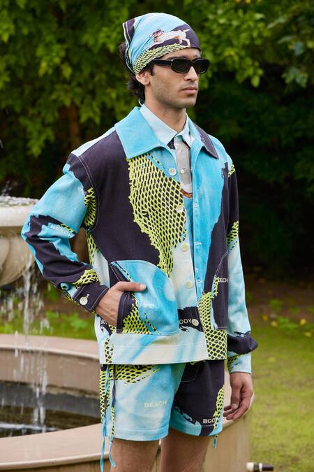 Triune_Blue Cotton Printed Abstract Beach Banter Jacket _Online_at_Aza_Fashions