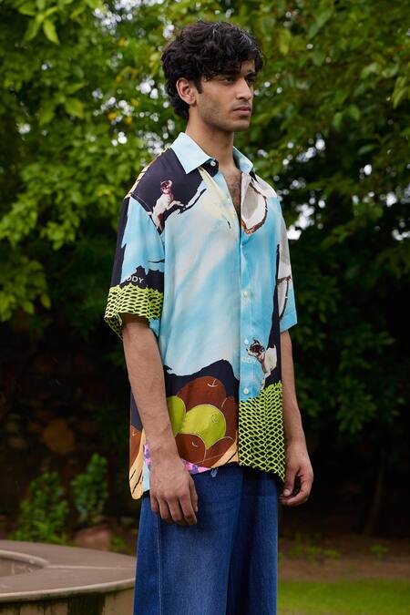 Triune_Blue Lily Silk Printed Abstract Beach Banter Shirt _Online_at_Aza_Fashions