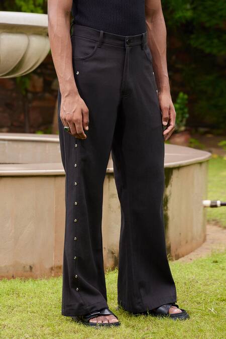 Triune_Black Cotton Embellished Metallic Shells Beach Stone Bell Bottom Pant _Online_at_Aza_Fashions