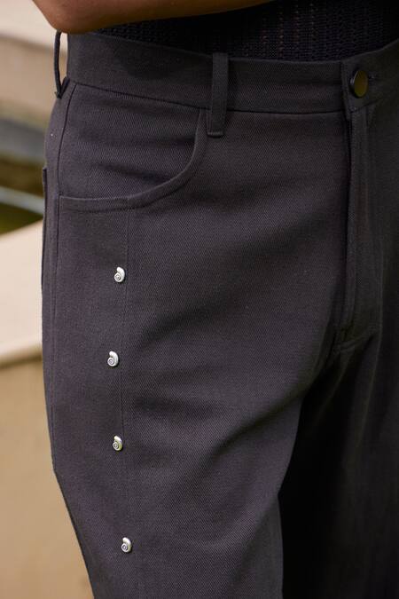 Buy_Triune_Black Cotton Embellished Metallic Shells Beach Stone Bell Bottom Pant _Online_at_Aza_Fashions