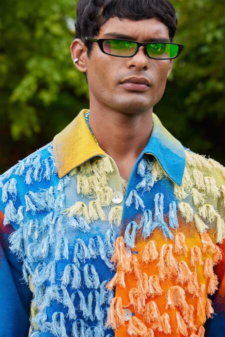 Buy Triune Blue Cotton Embellished Tassel Birds In Sunset Work Jacket Online at Aza Fashions Buy_Triune_Blue Cotton Embellished Tassel Birds In Sunset Work Jacket _Online_at_Aza_Fashions