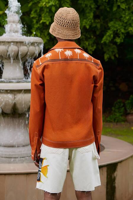 Shop_Triune_Brown Denim Embroidered Thread California Beach Jacket _at_Aza_Fashions