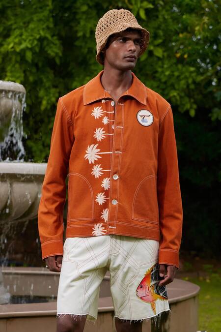 Triune_Brown Denim Embroidered Thread California Beach Jacket _Online_at_Aza_Fashions