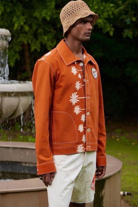 Buy_Triune_Brown Denim Embroidered Thread California Beach Jacket _Online_at_Aza_Fashions
