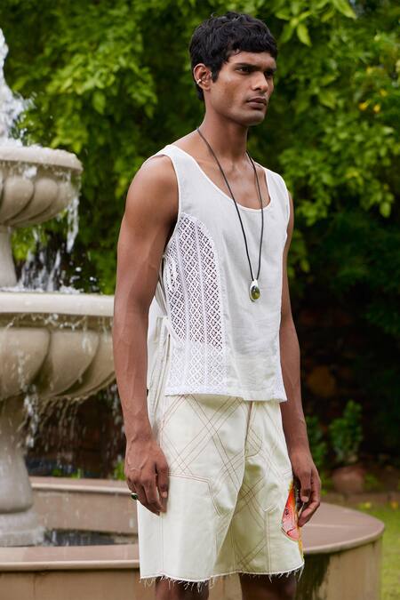 Triune_White Denim Embroidered Patchwork Carpenter Shorts _Online_at_Aza_Fashions