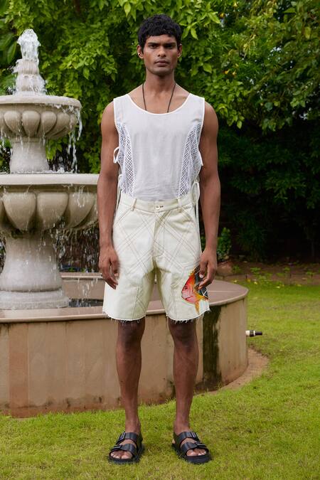 Buy_Triune_White Denim Embroidered Patchwork Carpenter Shorts _Online_at_Aza_Fashions