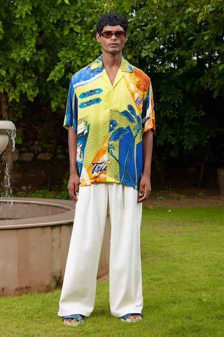 Shop_Triune_Yellow Rayon Dobby Printed Beach Coast Line Shirt _at_Aza_Fashions