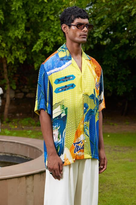 Triune_Yellow Rayon Dobby Printed Beach Coast Line Shirt _Online_at_Aza_Fashions