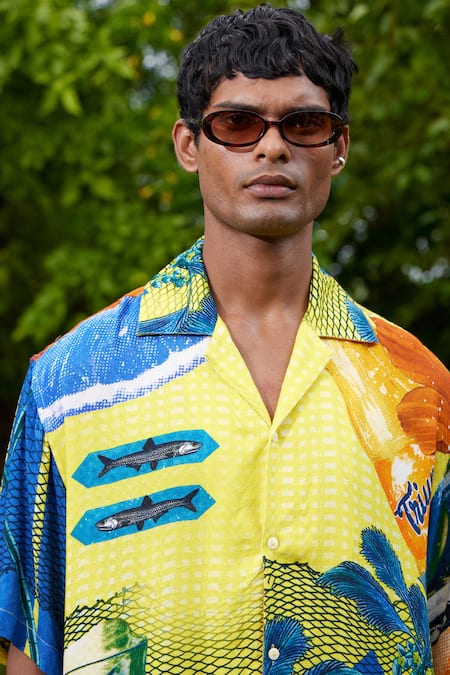 Buy_Triune_Yellow Rayon Dobby Printed Beach Coast Line Shirt _Online_at_Aza_Fashions