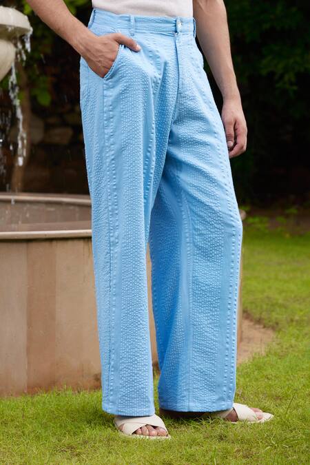 Triune_Blue Sheer Sucker Woven Stripe La Jetty Casual Pant_Online_at_Aza_Fashions