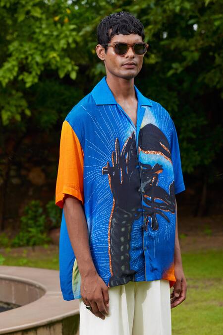 Triune Blue Lily Silk Printed Lobster Mega Shirt Online at Aza Fashions Triune_Blue Lily Silk Printed Lobster Mega Shirt _Online_at_Aza_Fashions