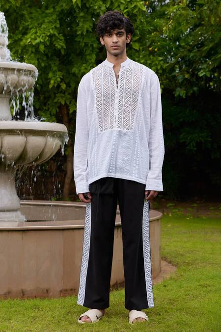 Shop_Triune_White Seer Sucker Textured Lace Quartz Panel Shirt_at_Aza_Fashions