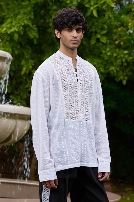 Triune_White Seer Sucker Textured Lace Quartz Panel Shirt_Online_at_Aza_Fashions