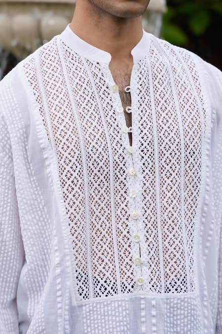 Buy_Triune_White Seer Sucker Textured Lace Quartz Panel Shirt_Online_at_Aza_Fashions