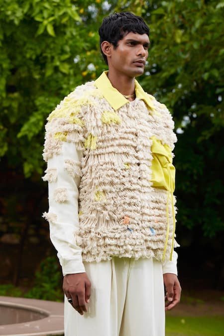 Triune Ivory Handwoven Cotton Embellished Tassels Sandearlings Layered Cargo Jacket Online at Aza Fashions Triune_Ivory Handwoven Cotton Embellished Tassels Sandearlings Layered Cargo Jacket_Online_at_Aza_Fashions