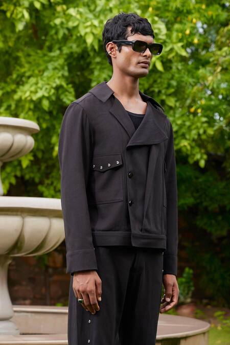 Triune Black Cotton Solid Metal Studs Sea Stone Jacket Online at Aza Fashions Triune_Black Cotton Solid Metal Studs Sea Stone Jacket _Online_at_Aza_Fashions