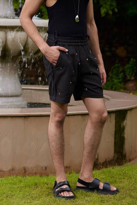 Triune_Black Cotton Embellished Metal Studs Sea Stone Shorts _Online_at_Aza_Fashions
