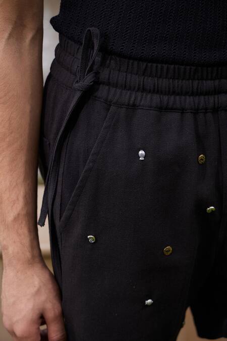 Buy_Triune_Black Cotton Embellished Metal Studs Sea Stone Shorts _Online_at_Aza_Fashions