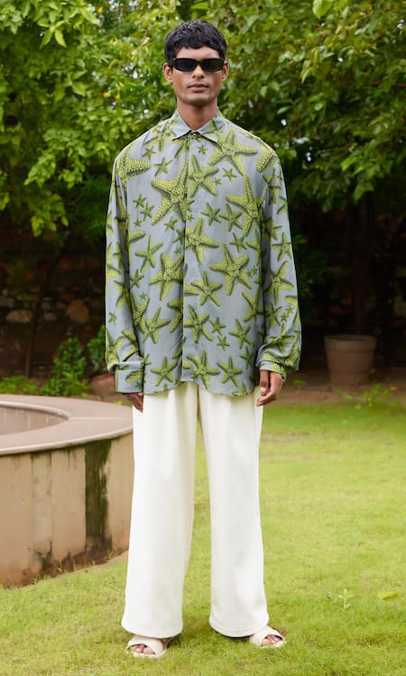 Triune_Green Lily Silk Star Fish Patten Shirt_Online_at_Aza_Fashions