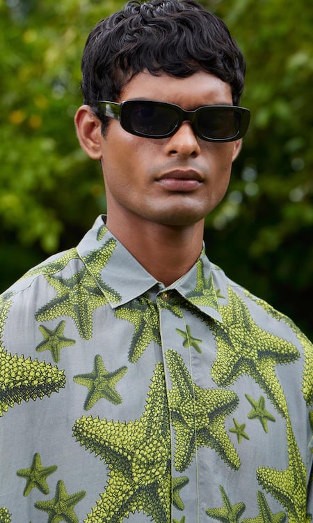 Buy_Triune_Green Lily Silk Star Fish Patten Shirt_Online_at_Aza_Fashions