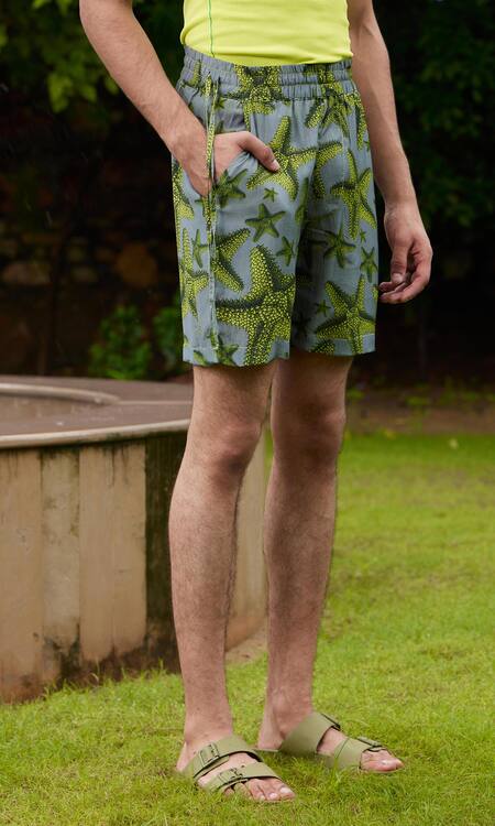 Triune_Green Lily Silk Star Fish Shorts _Online_at_Aza_Fashions