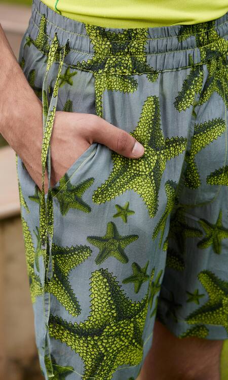Buy_Triune_Green Lily Silk Star Fish Shorts _Online_at_Aza_Fashions