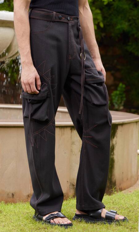 Triune_Black Cotton Threadwork Sun In Moon Cargo Pant_Online_at_Aza_Fashions