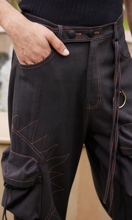 Buy_Triune_Black Cotton Threadwork Sun In Moon Cargo Pant_Online_at_Aza_Fashions