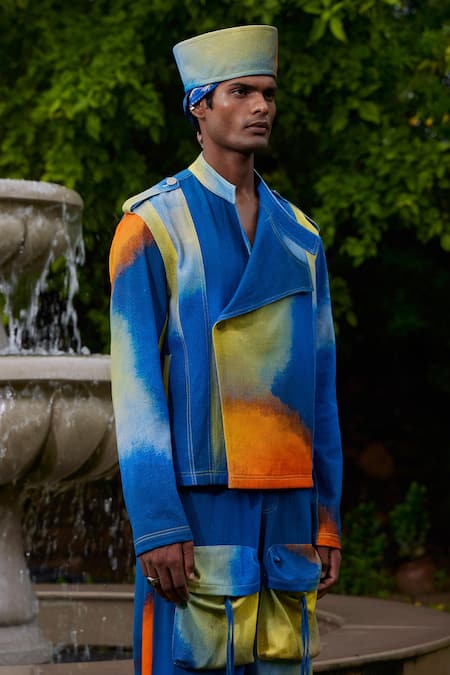 Triune_Blue Cotton Ombre Sunset Motorcycle Jacket _Online_at_Aza_Fashions