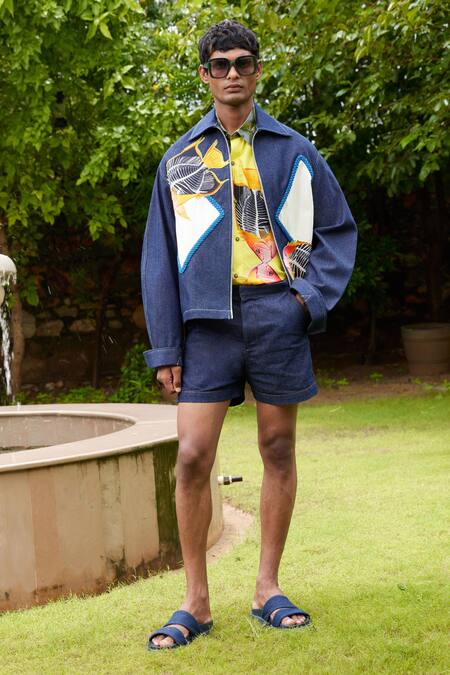 Triune_Blue Denim Tongan Island Patchwork Jacket_Online_at_Aza_Fashions