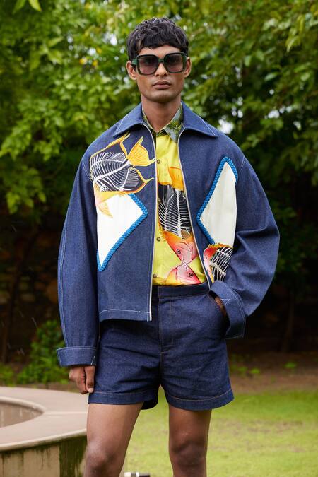 Buy_Triune_Blue Denim Tongan Island Patchwork Jacket_Online_at_Aza_Fashions