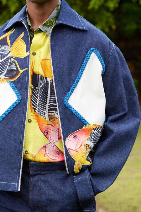 Shop_Triune_Blue Denim Tongan Island Patchwork Jacket_Online_at_Aza_Fashions