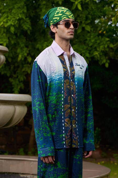 Triune_White Seer Sucker Textured Abstract Triune Beach Club Pattern Shirt _Online_at_Aza_Fashions