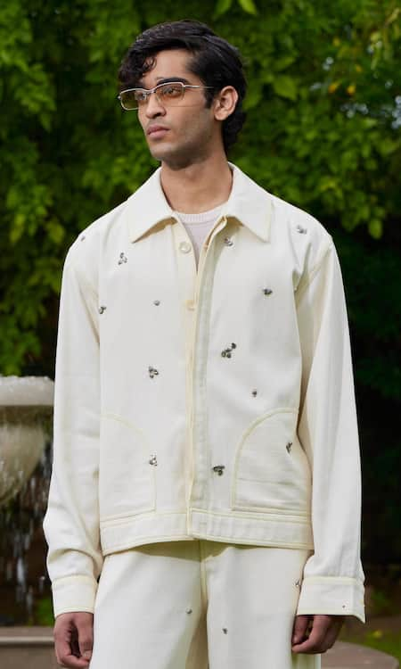 TRIUNE White Cotton Embellished Metal Studs Sand Beach Blouson Jacket 