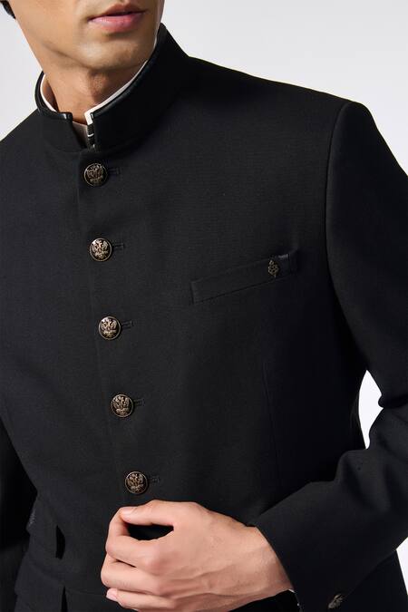 Buy_S&N By Shantnu Nikhil_Black Polyester, Spandex Woven Textured Bandhgala_Online_at_Aza_Fashions