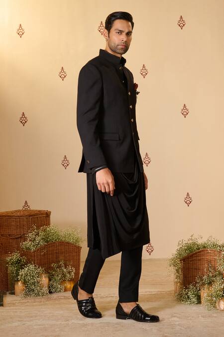 S&N By Shantnu Nikhil_Black Rayon Twill Textured Bandhgala_Online_at_Aza_Fashions