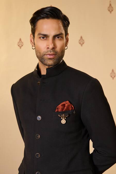 Buy_S&N By Shantnu Nikhil_Black Rayon Twill Textured Bandhgala_Online_at_Aza_Fashions