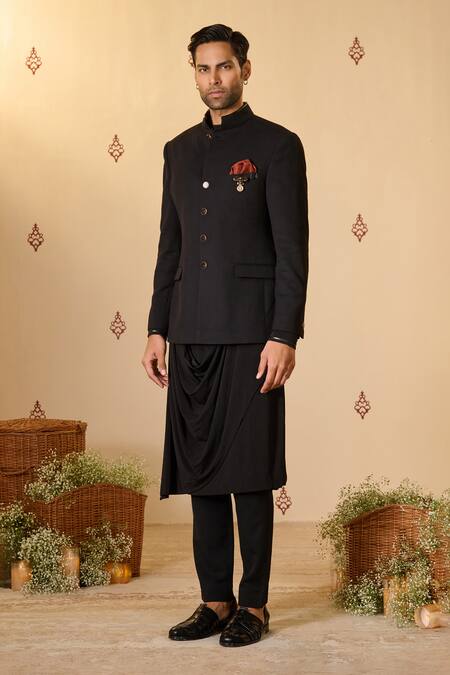 Shop_S&N By Shantnu Nikhil_Black Rayon Twill Textured Bandhgala_Online_at_Aza_Fashions