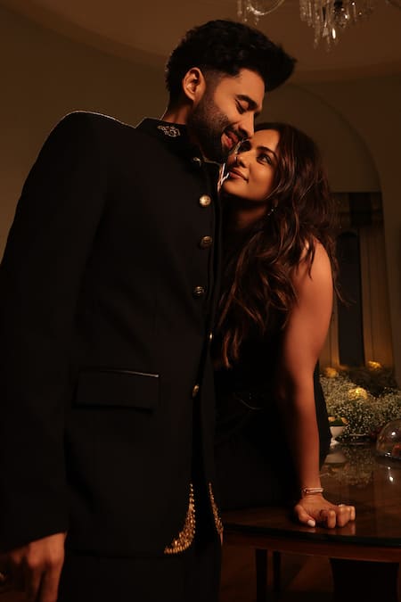 S&N By Shantnu Nikhil_Black Rayon Embroidery Placed Textured Bandhgala_Online_at_Aza_Fashions