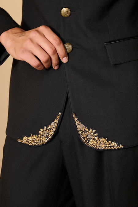 Buy_S&N By Shantnu Nikhil_Black Rayon Embroidery Placed Textured Bandhgala_Online_at_Aza_Fashions