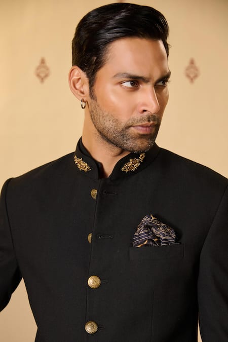 Shop_S&N By Shantnu Nikhil_Black Rayon Embroidery Placed Textured Bandhgala_Online_at_Aza_Fashions