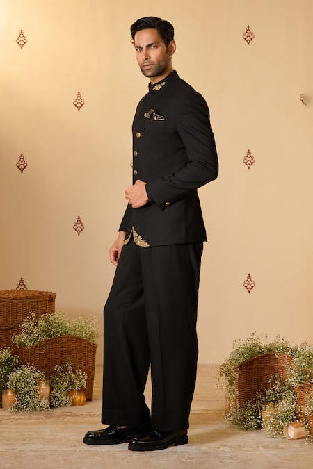 S&N By Shantnu Nikhil_Black Rayon Embroidery Placed Textured Bandhgala_at_Aza_Fashions